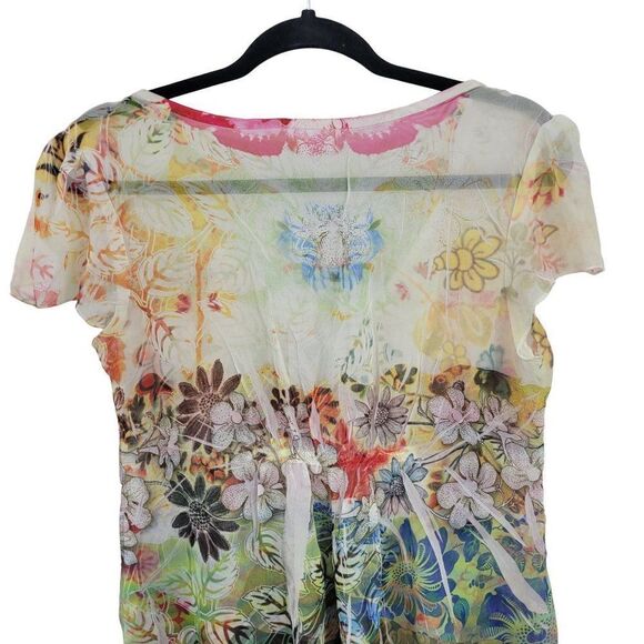 Sheer Baby Doll Top M White Multicolor Floral Puff Sleeve Ruched Fairy Core - Picture 7 of 9